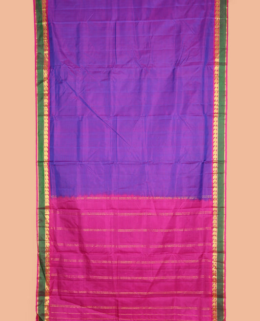 Violet vazhaipoo striped ten-yard silk saree, contrast rettai pettu border of kathir & kuyil kann manga design & zari striped pallu