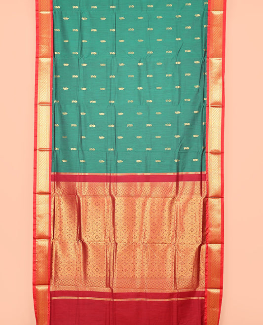 Green Nine-Yard Art Silk Saree, Bedecked with Buttas All Over Its Body, Complemented by a Contrast Traditional Zari Design Border, Gandly Jaal Pallu, and Comes Without a Blouse