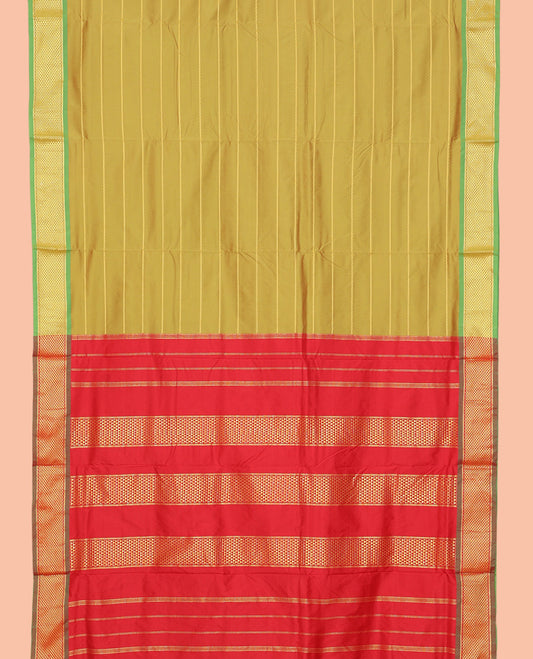 Green Neli Striped Nine-Yard Saree, Complemented by a Contrast Ara Maadam Border, Contrast Pallu of Stripes, and No Blouse