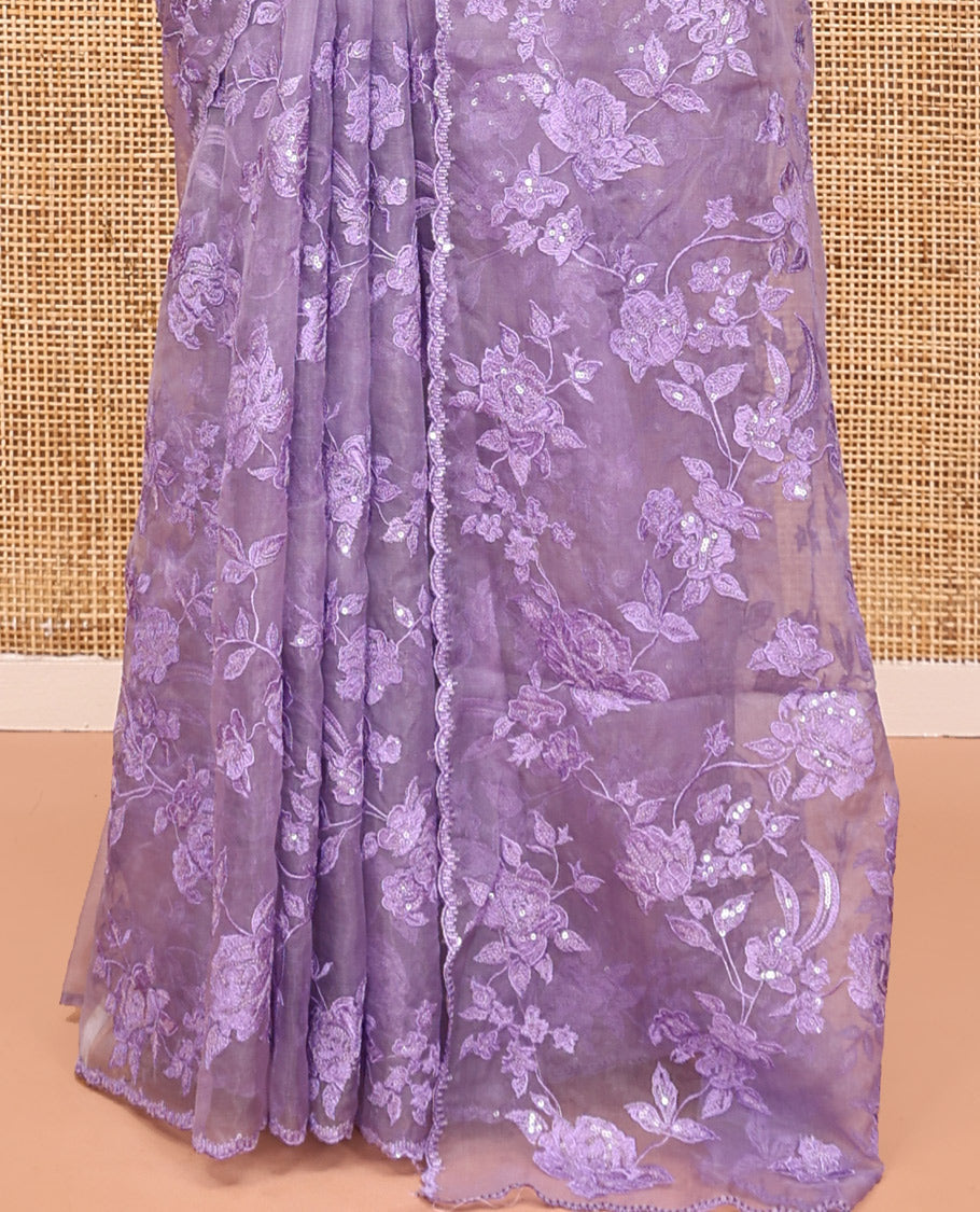 Lavender Organza Saree, Prettified with Floral Vine Sequins-Thread Embroidery, Scallop-Embroidered Border, and a Matching Blouse