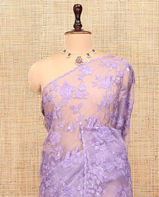 Lavender Organza Saree, Prettified with Floral Vine Sequins-Thread Embroidery, Scallop-Embroidered Border, and a Matching Blouse