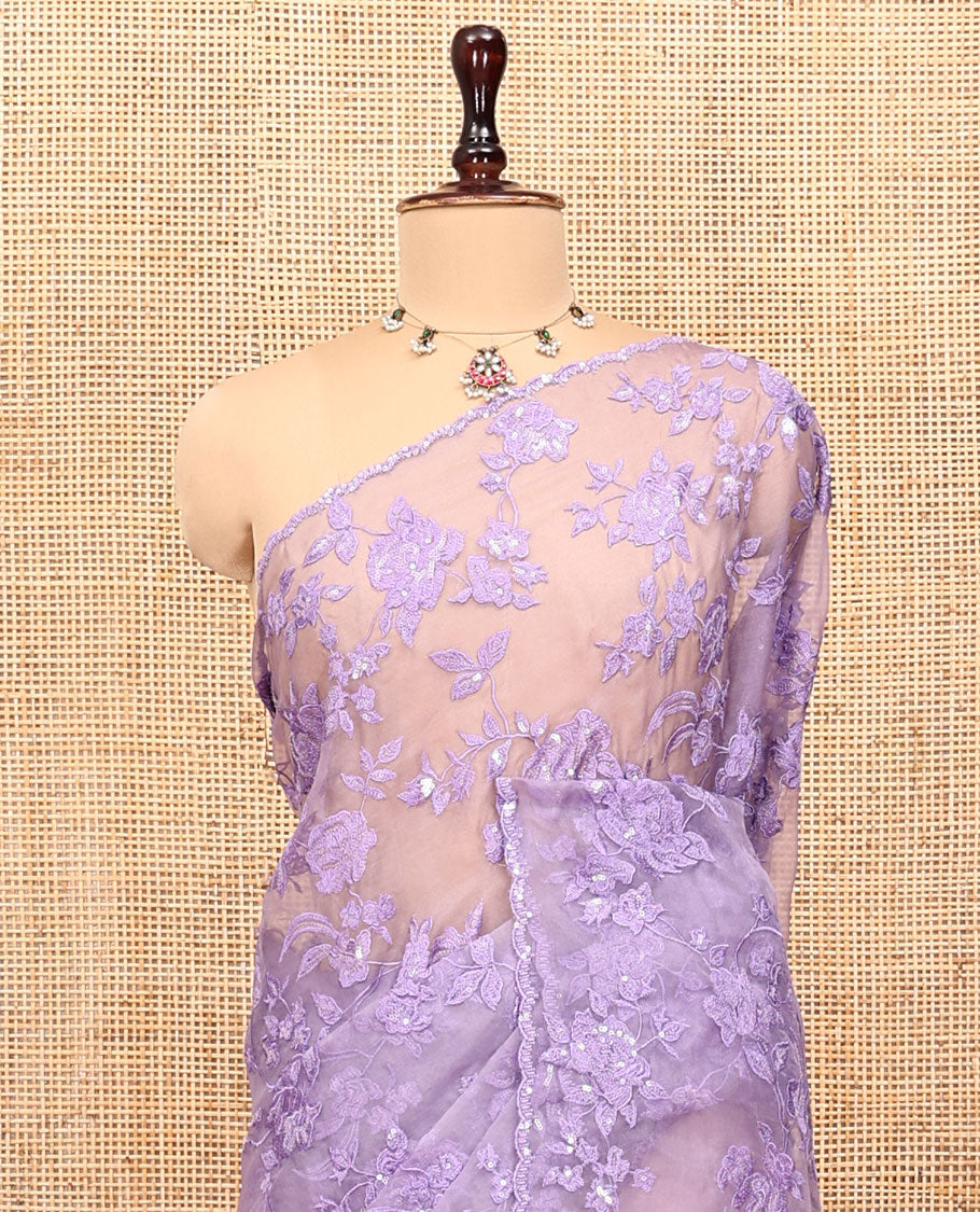 Lavender Organza Saree, Prettified with Floral Vine Sequins-Thread Embroidery, Scallop-Embroidered Border, and a Matching Blouse