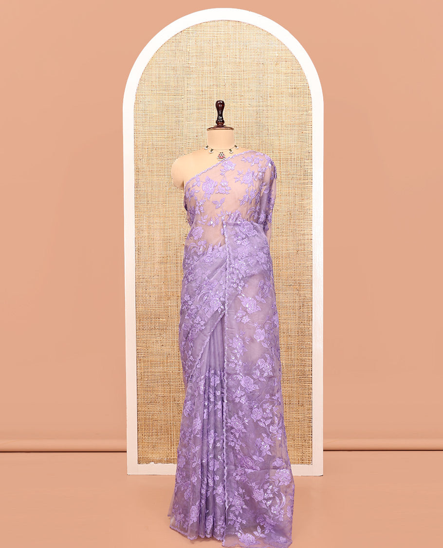 Lavender Organza Saree, Prettified with Floral Vine Sequins-Thread Embroidery, Scallop-Embroidered Border, and a Matching Blouse