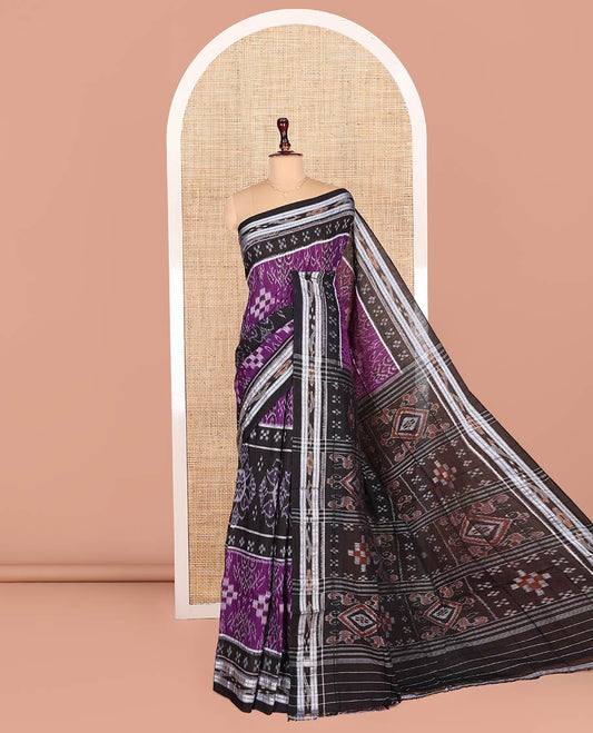 Purple Odisha Cotton Saree, Ornamented with Intricate Ikkat Design Weave on Its Body, Complemented by a Contrast Ikkat Border, Pallu of Intricate Ikkat Weave, and Comes Without a Blouse