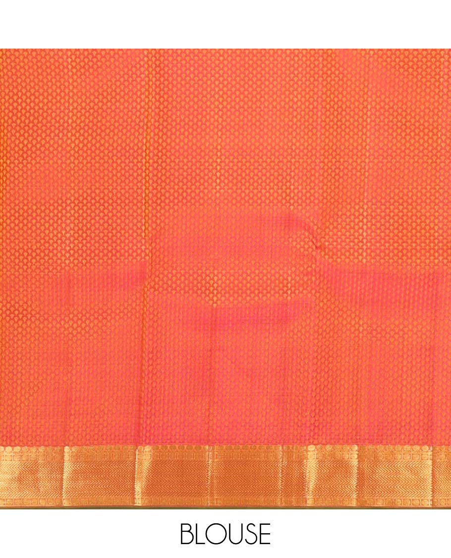 Orange  floral design silk saree with contrast border of thilakam mokku, paun, vanki design & floral pallu