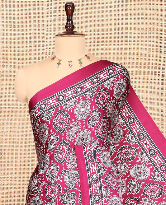 Purple Modal Satin Saree, Adorned with Ajrakh Print, a Self-Printed Border, Ajrakh Pallu, a Matching Blouse