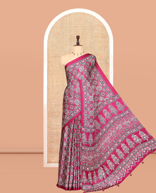 Purple Modal Satin Saree, Adorned with Ajrakh Print, a Self-Printed Border, Ajrakh Pallu, a Matching Blouse