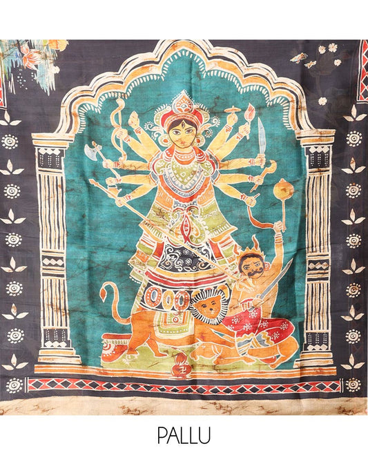 Black Printed Silk Saree Adorned with Colorful Floral Motifs Printed All Across Its Body, Highlighted with a Contrast Geometric Printed Border, Pallu Depicting the Darwing of Goddess Durga Killing Mahishasura, and Attached with a Printed Blouse