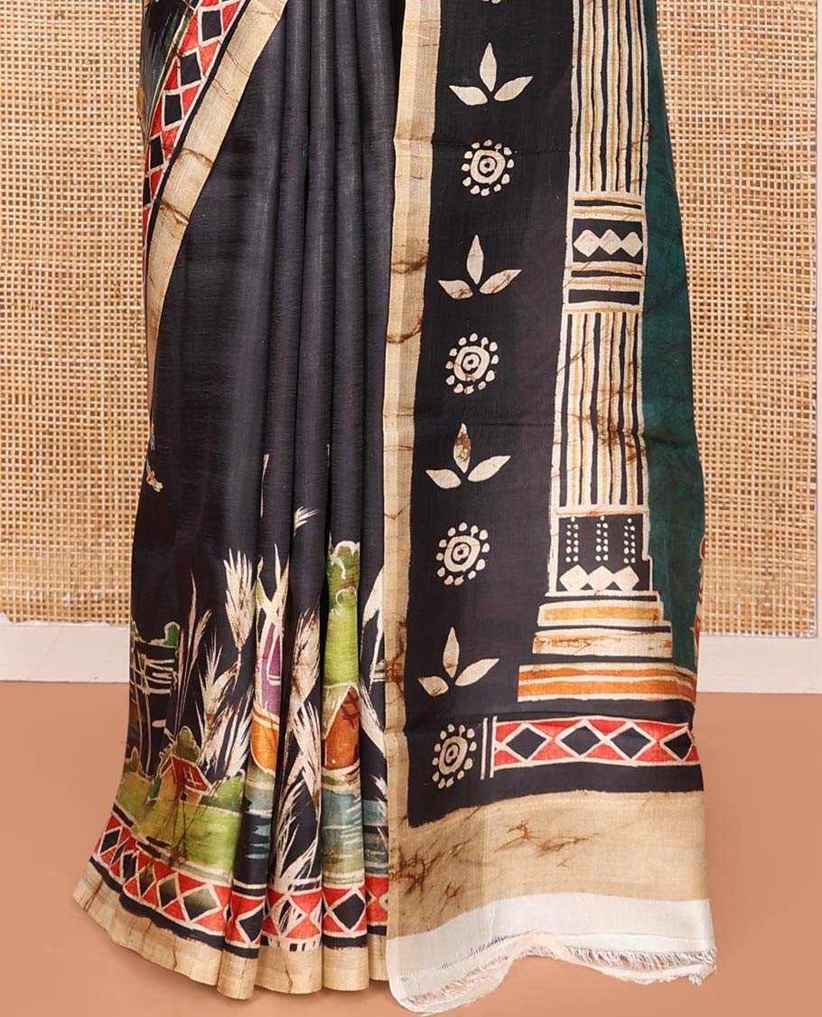 Black Printed Silk Saree Adorned with Colorful Floral Motifs Printed All Across Its Body, Highlighted with a Contrast Geometric Printed Border, Pallu Depicting the Darwing of Goddess Durga Killing Mahishasura, and Attached with a Printed Blouse