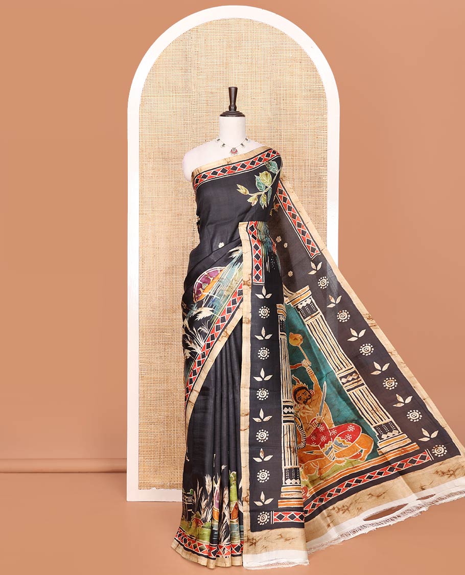 Black Printed Silk Saree Adorned with Colorful Floral Motifs Printed All Across Its Body, Highlighted with a Contrast Geometric Printed Border, Pallu Depicting the Darwing of Goddess Durga Killing Mahishasura, and Attached with a Printed Blouse