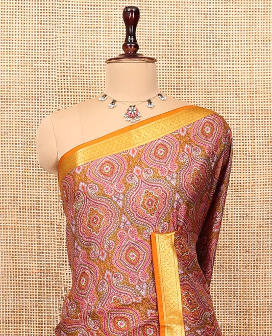 Orange Printed Silk Saree, Ornamented with Intricate Designs, Highlighted by a Traditional Zari Border, Printed Pallu, and a Matching Blouse