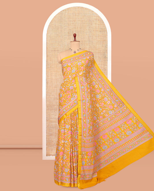Yellow Printed Silk Saree, Decked Up with Floral Vine Print, a Traditional Zari Border, Floral Pallu, and a Matching Blouse