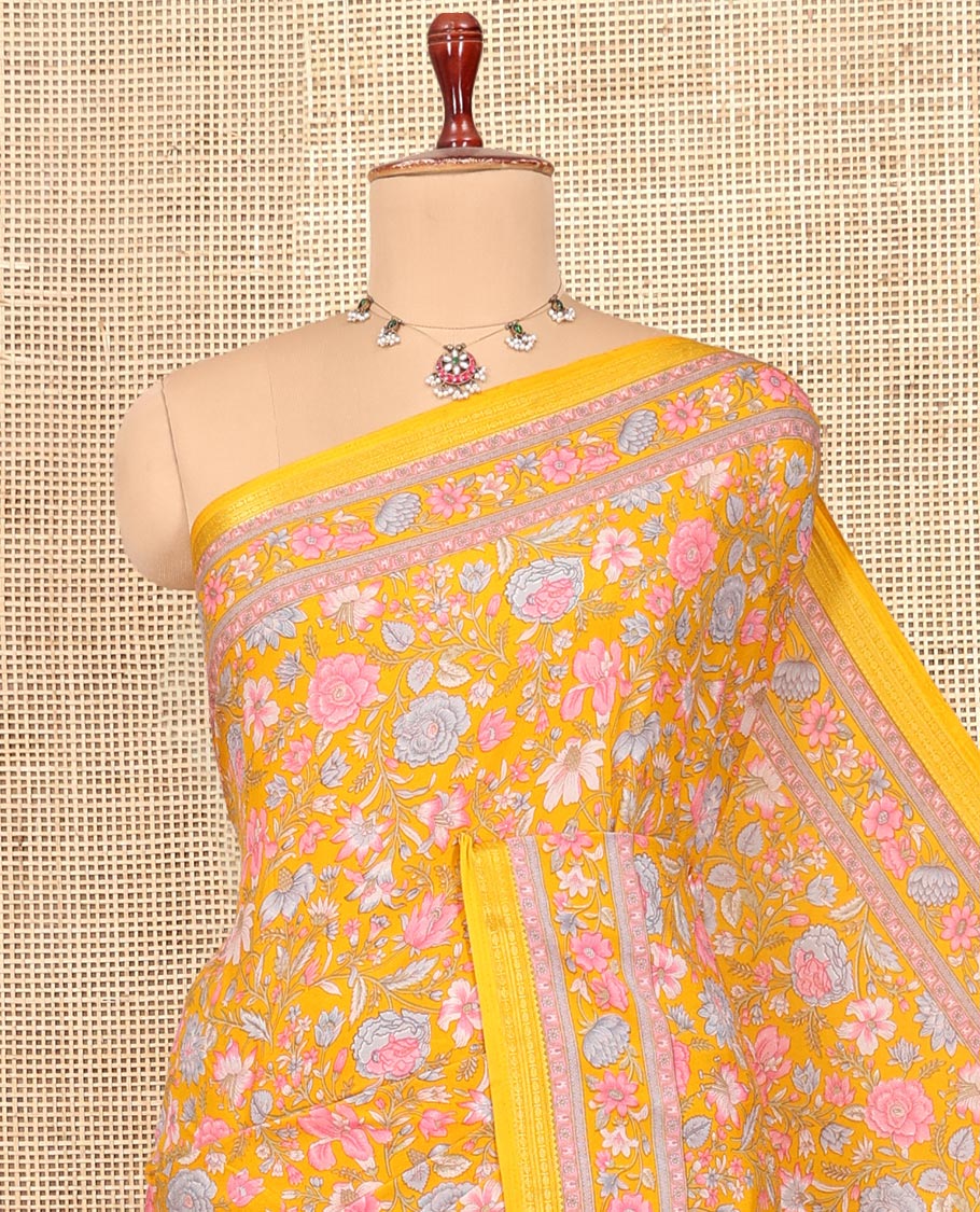 Yellow Printed Silk Saree, Decked Up with Floral Vine Print, a Traditional Zari Border, Floral Pallu, and a Matching Blouse