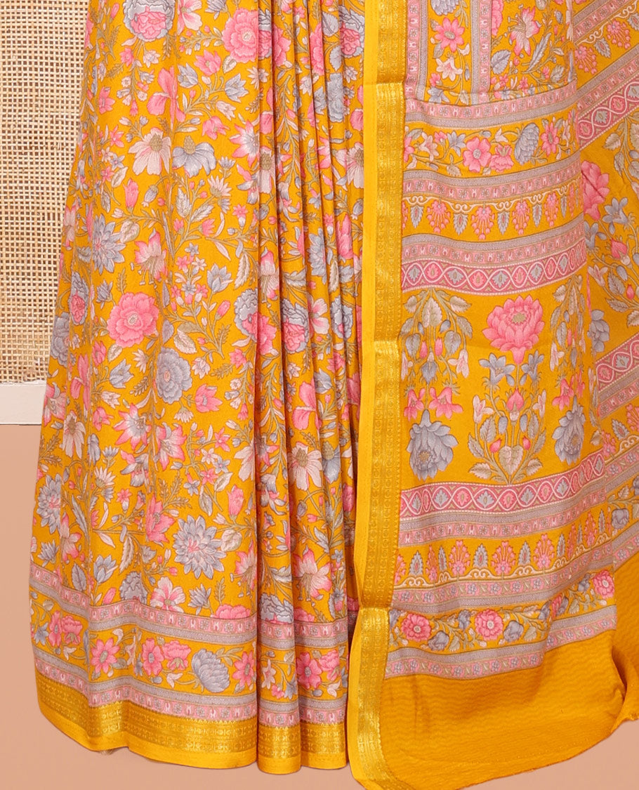 Yellow Printed Silk Saree, Decked Up with Floral Vine Print, a Traditional Zari Border, Floral Pallu, and a Matching Blouse