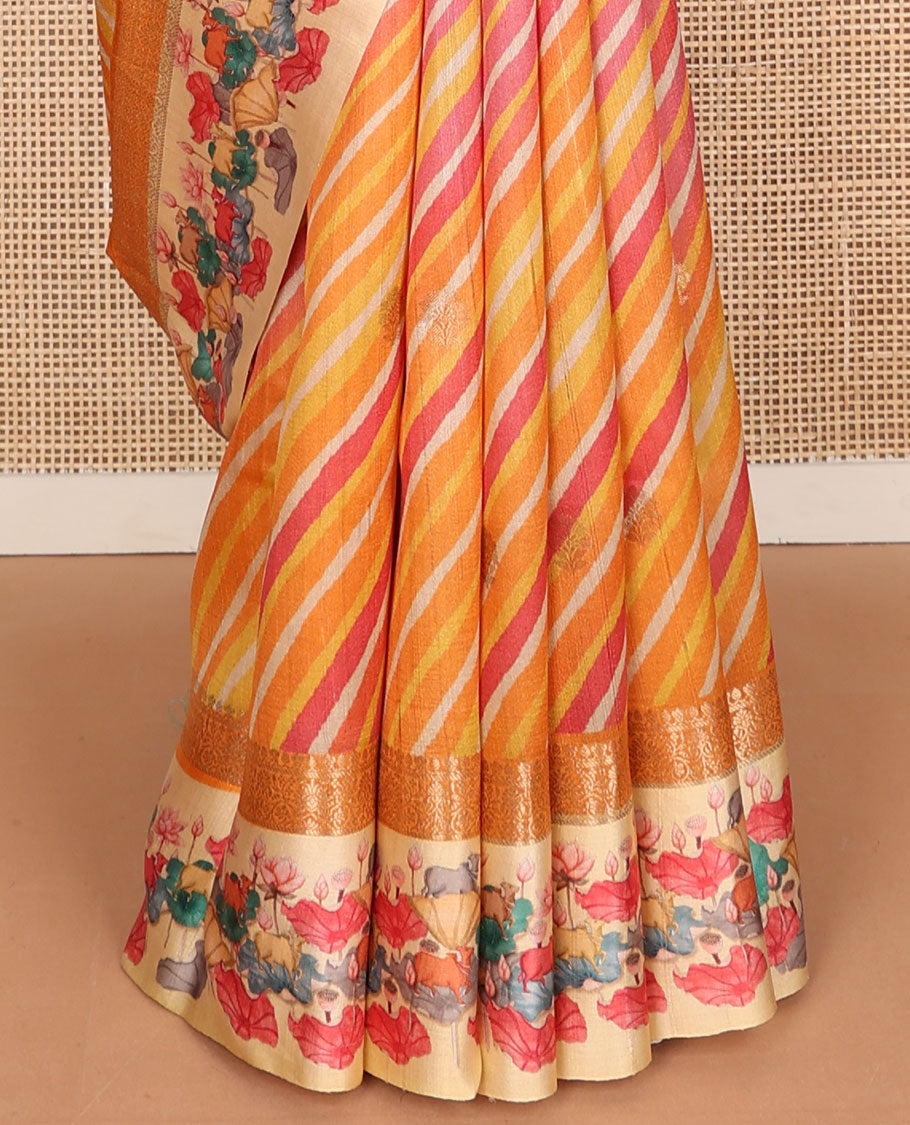 Yellow lehariya-style stripes printed tussar saree with zari buttas, contrast traditional zari border of pichwai multi-color floral & cow motifs print & zari striped pallu