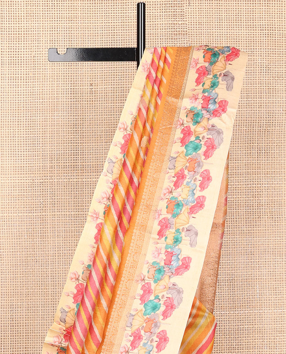Yellow lehariya-style stripes printed tussar saree with zari buttas, contrast traditional zari border of pichwai multi-color floral & cow motifs print & zari striped pallu