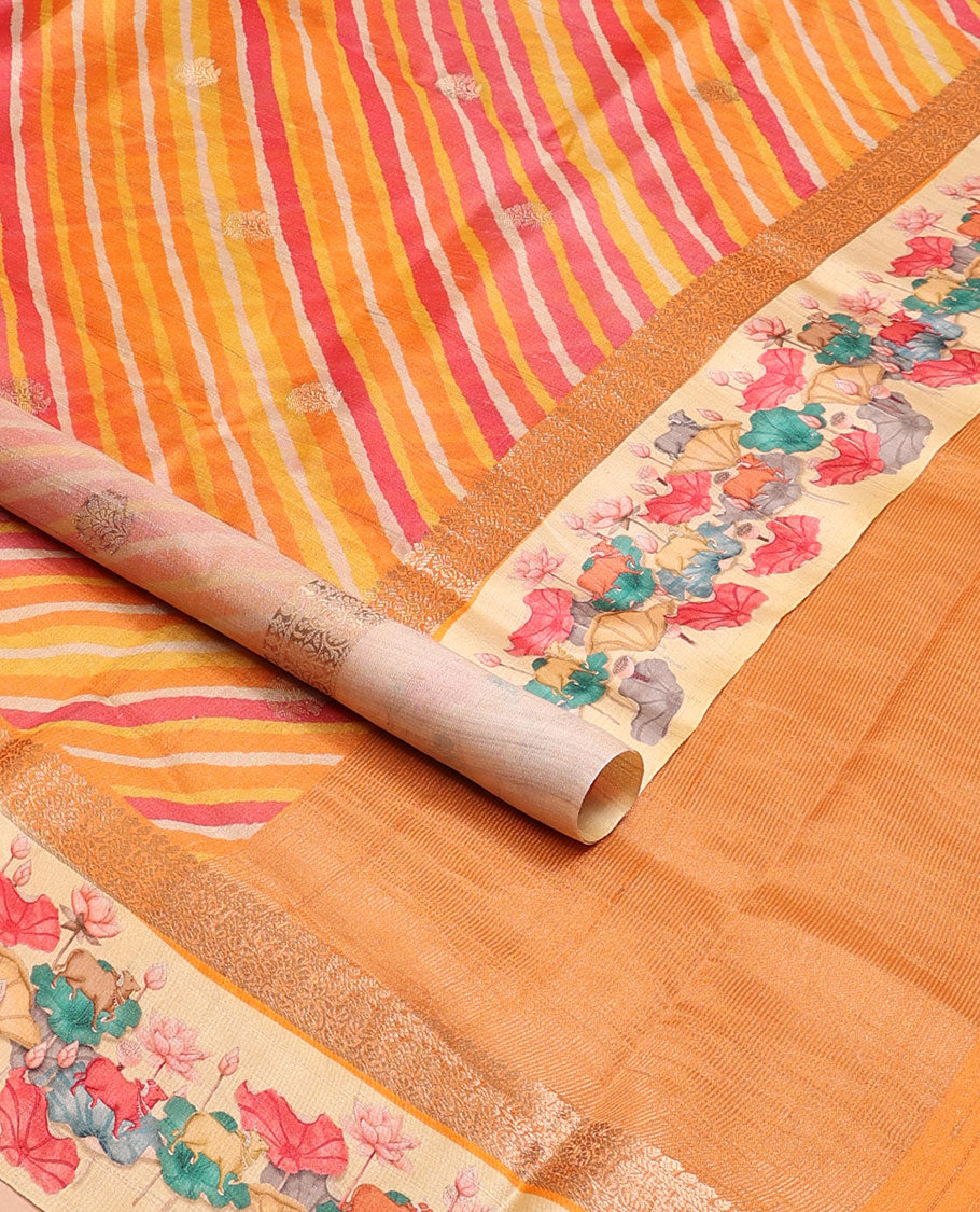 Yellow lehariya-style stripes printed tussar saree with zari buttas, contrast traditional zari border of pichwai multi-color floral & cow motifs print & zari striped pallu