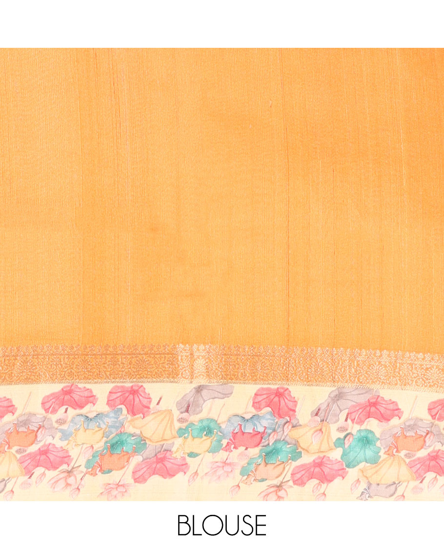 Yellow lehariya-style stripes printed tussar saree with zari buttas, contrast traditional zari border of pichwai multi-color floral & cow motifs print & zari striped pallu