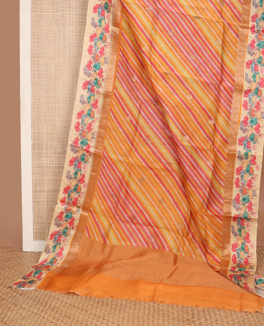 Yellow lehariya-style stripes printed tussar saree with zari buttas, contrast traditional zari border of pichwai multi-color floral & cow motifs print & zari striped pallu