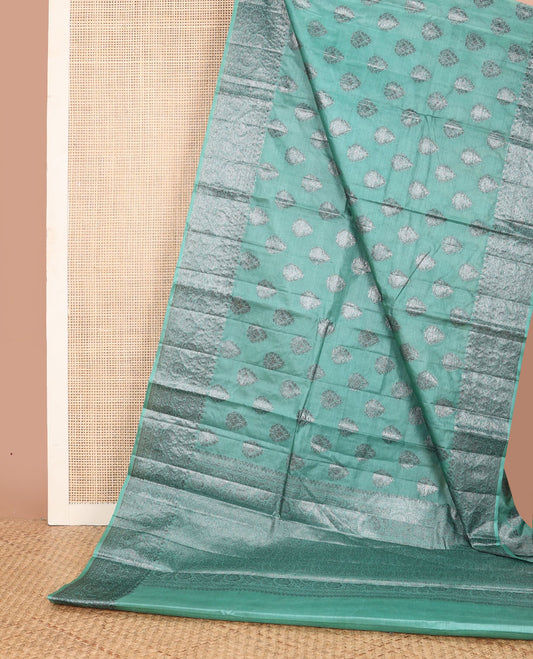 Green zari buttas tussar saree, floral zari design border & intricately designed pallu