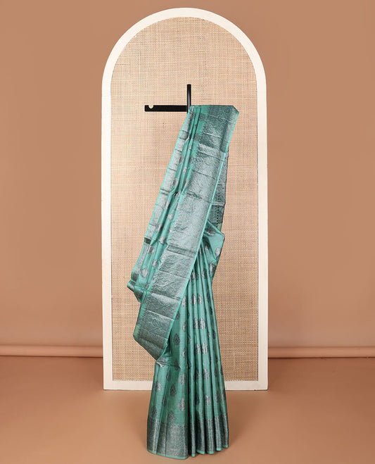 Green zari buttas tussar saree, floral zari design border & intricately designed pallu