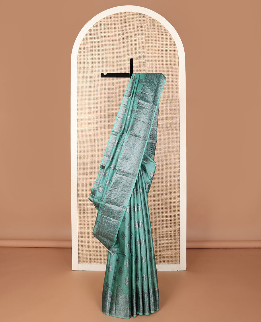 Green zari buttas tussar saree, floral zari design border & intricately designed pallu