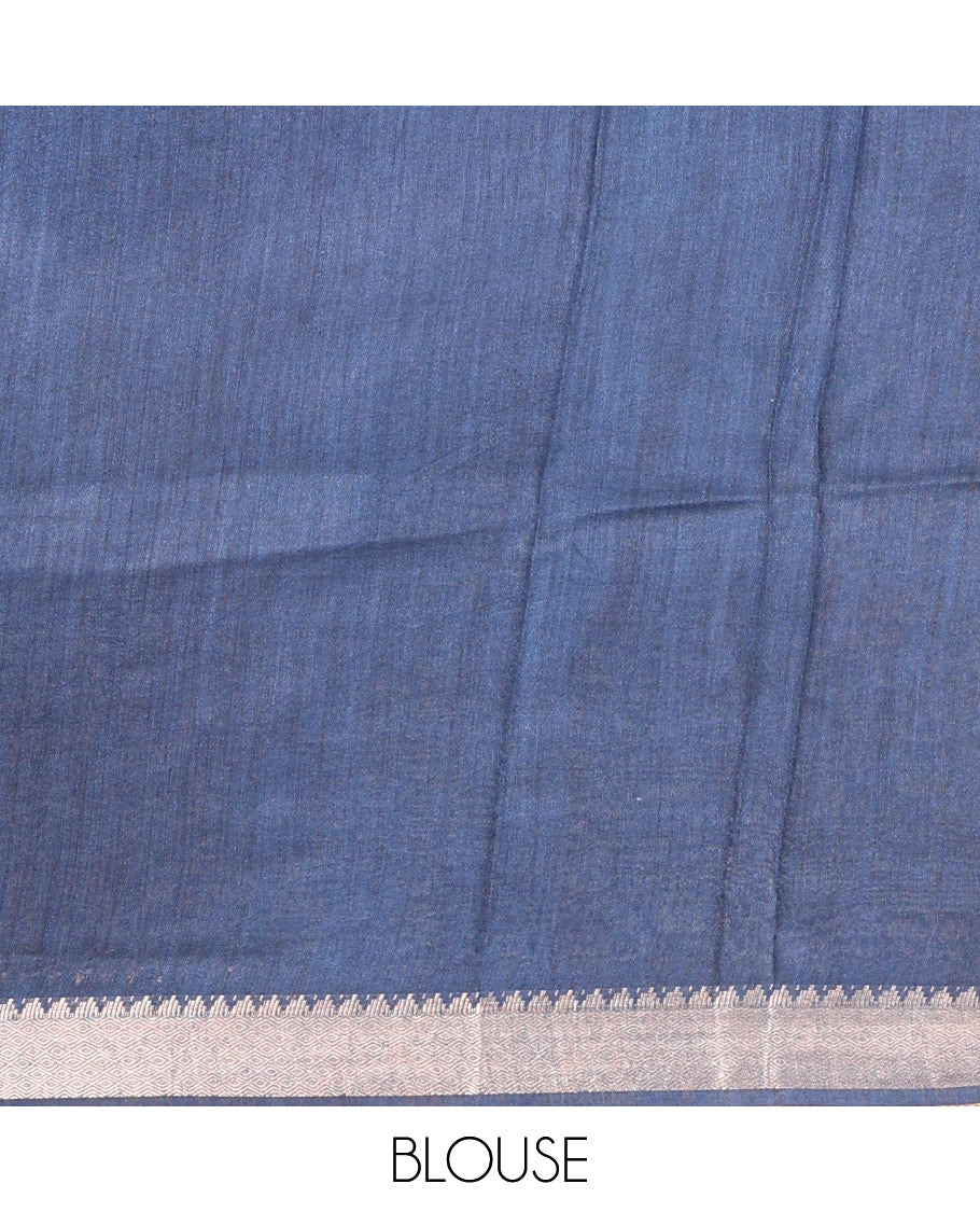 Blue Tussar Saree Adorned with Paisley Print, Temple Zari Border, Zari Striped Pallu, and a Matching Blouse of Zari Border