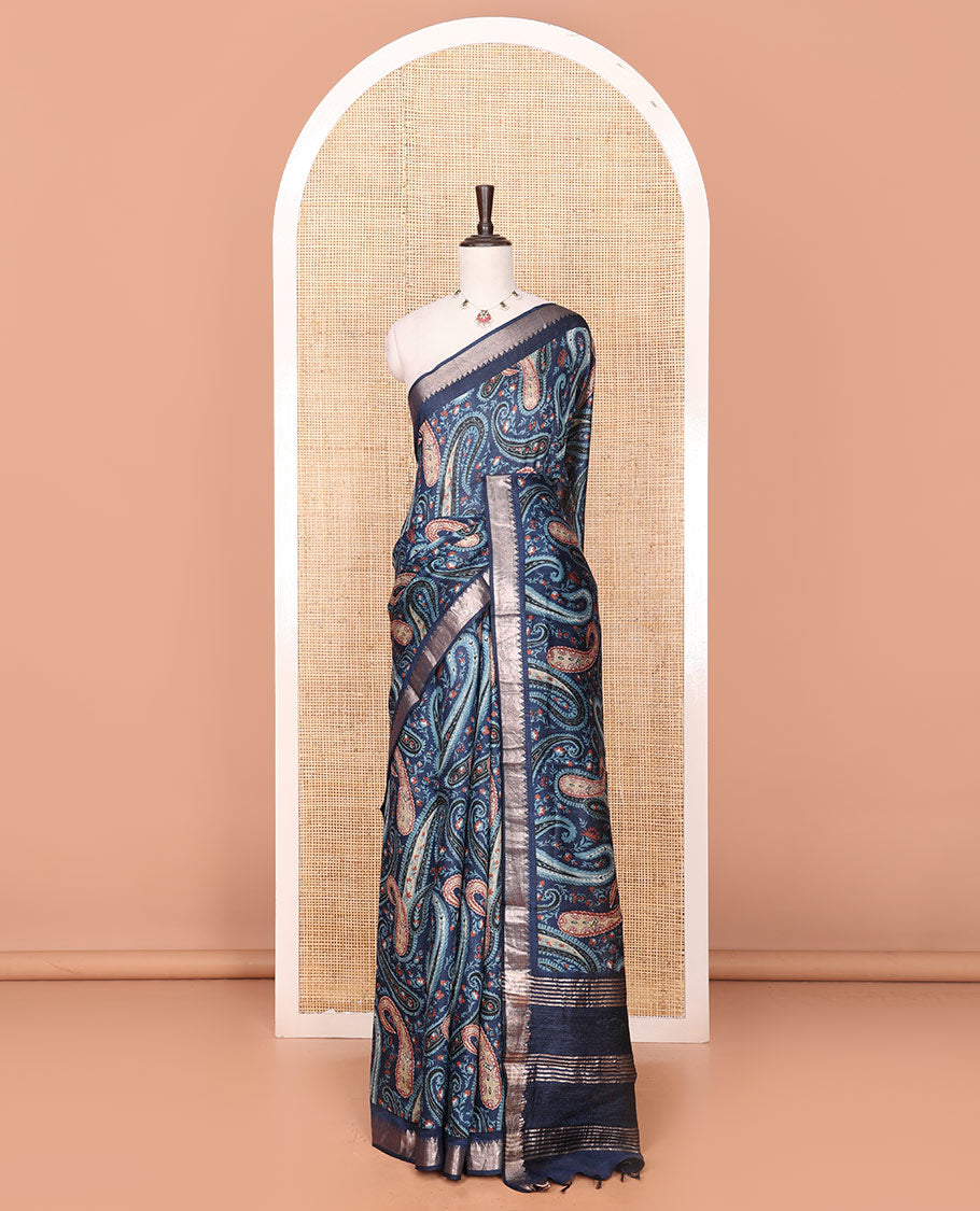 Blue Tussar Saree Adorned with Paisley Print, Temple Zari Border, Zari Striped Pallu, and a Matching Blouse of Zari Border