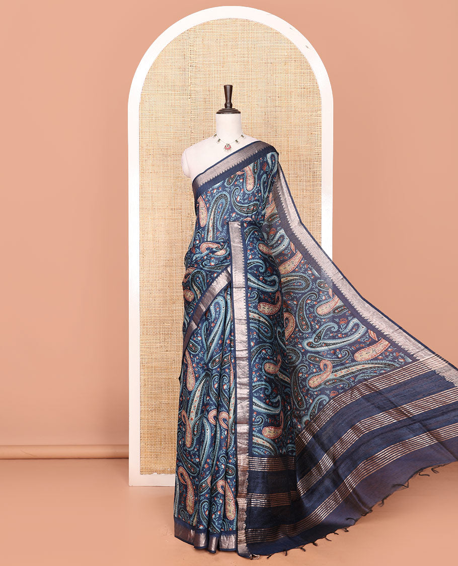 Blue Tussar Saree Adorned with Paisley Print, Temple Zari Border, Zari Striped Pallu, and a Matching Blouse of Zari Border
