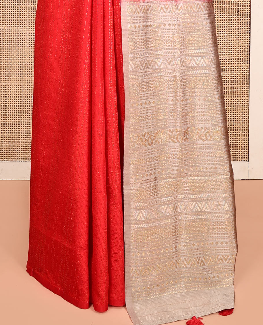 Borderless Red Matka Silk Saree, Steeped with Zari Stripes All Over Its Body, Complemented by a Contrast Pallu of Geometric Zari Designs, and Paired with Contrast Blouse