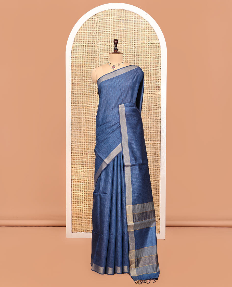 Blue Textured Tussar Silk Saree, a Subtle Border, a Striped Pallu, and a Matching Blouse