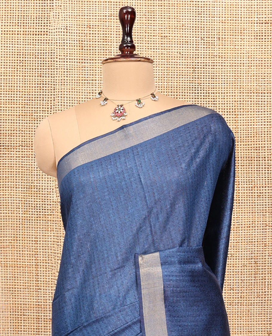 Blue Textured Tussar Silk Saree, a Subtle Border, a Striped Pallu, and a Matching Blouse