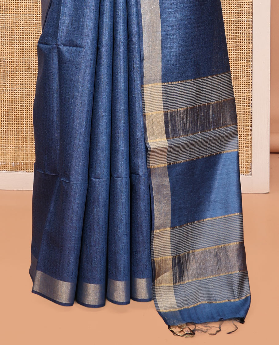 Blue Textured Tussar Silk Saree, a Subtle Border, a Striped Pallu, and a Matching Blouse