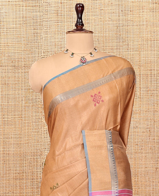 Sandal Tussar Silk Saree, Crafted with Thread Motifs, Temple Border, Contrast Lotus Pallu, and Contrast Blouse