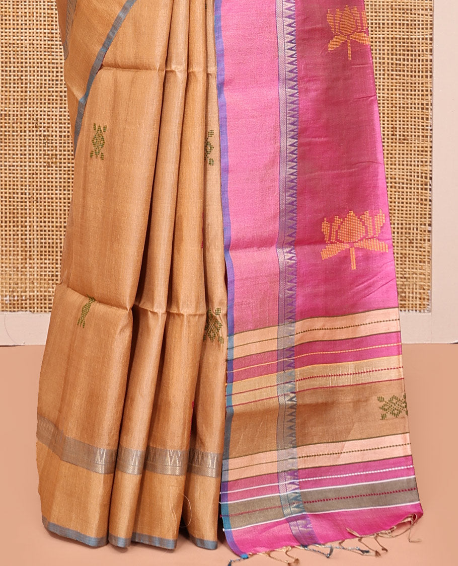 Sandal Tussar Silk Saree, Crafted with Thread Motifs, Temple Border, Contrast Lotus Pallu, and Contrast Blouse