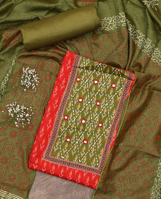 Orange material chudidar set, ikkat buttas with neck patch embroidered top, contrast plain bottom, and block printed dupatta