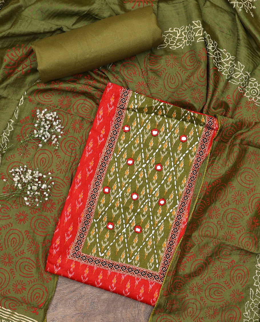 Orange material chudidar set, ikkat buttas with neck patch embroidered top, contrast plain bottom, and block printed dupatta