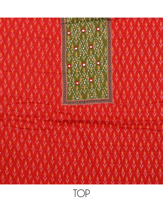 Orange material chudidar set, ikkat buttas with neck patch embroidered top, contrast plain bottom, and block printed dupatta