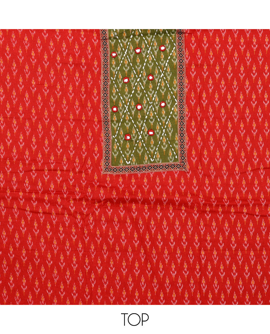 Orange material chudidar set, ikkat buttas with neck patch embroidered top, contrast plain bottom, and block printed dupatta