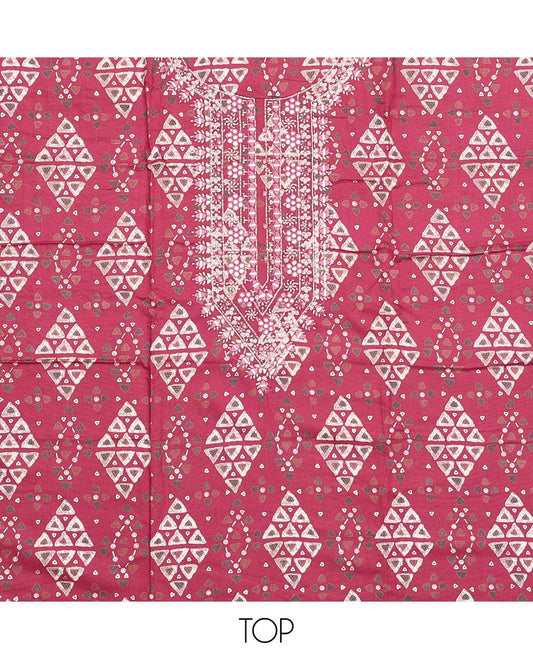 Pink material chudidar set, geometric with neck embroidered top, jaal printed bottom, and shibori dyed dupatta