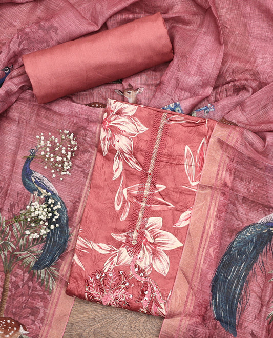 Pink Material Chudidar Set, Accentuated with Floral Print, and Embroidery on Its Muslin Top, a Plain Cotton Bottom, and Paired with a Peacock Printed Lilan Cotton Dupatta