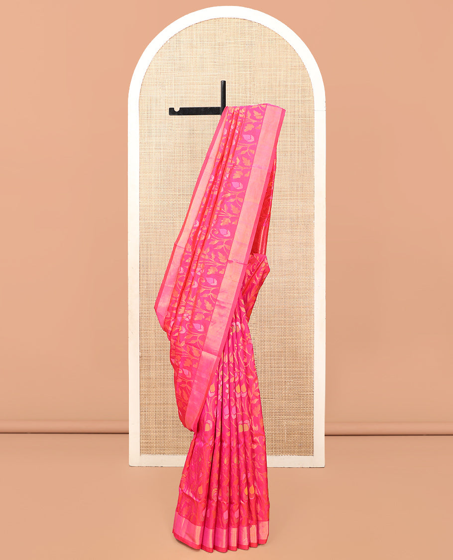 Rani Pink Uppada Saree, Enriched with Floral Vine Weave, a Subtle Zari Border, a Gleaming Zari Pallu, and a Matching Blouse
