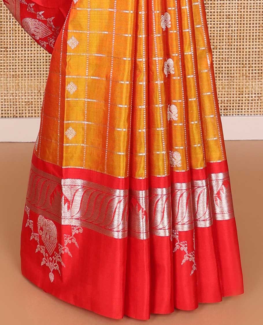 Orange checked, motifs venkatagiri silk saree with contrast intricate zari design border & argyle design pallu