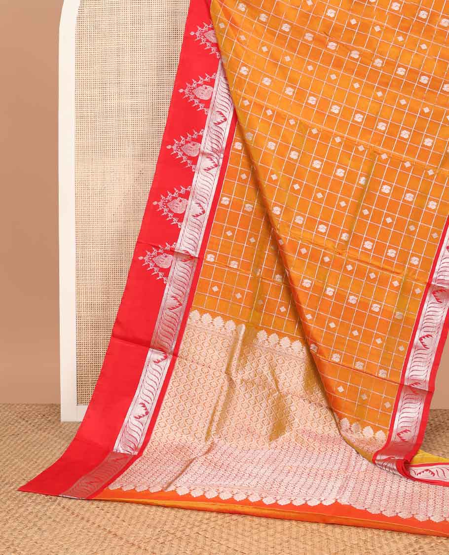 Orange checked, motifs venkatagiri silk saree with contrast intricate zari design border & argyle design pallu