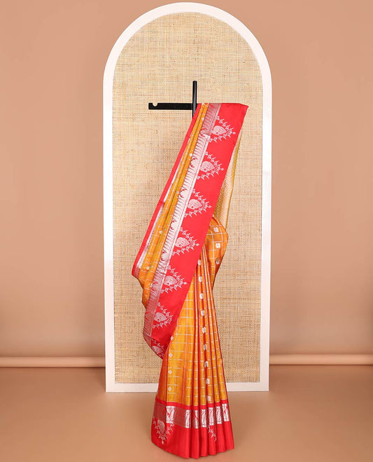 Orange checked, motifs venkatagiri silk saree with contrast intricate zari design border & argyle design pallu