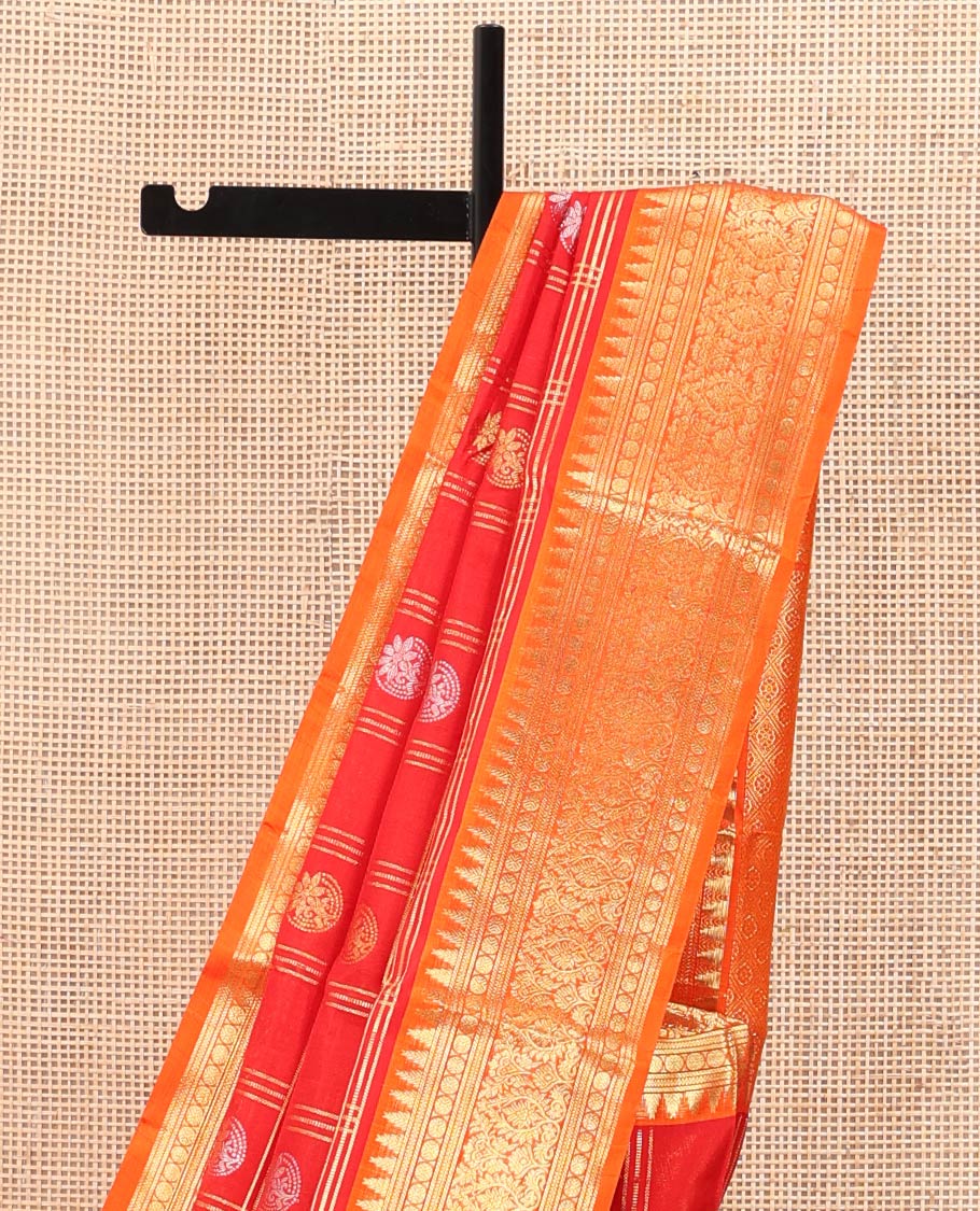 Red Venkatagiri Silk Saree, Enriched with Zari Butta Enclosed Checks All Over Its Body, Complemented by a Contrast Temple Border of Traditional Designs, Grand Pallu of Jaal Designs, and Paired with a Contrast Blouse