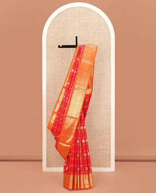 Red Venkatagiri Silk Saree, Enriched with Zari Butta Enclosed Checks All Over Its Body, Complemented by a Contrast Temple Border of Traditional Designs, Grand Pallu of Jaal Designs, and Paired with a Contrast Blouse