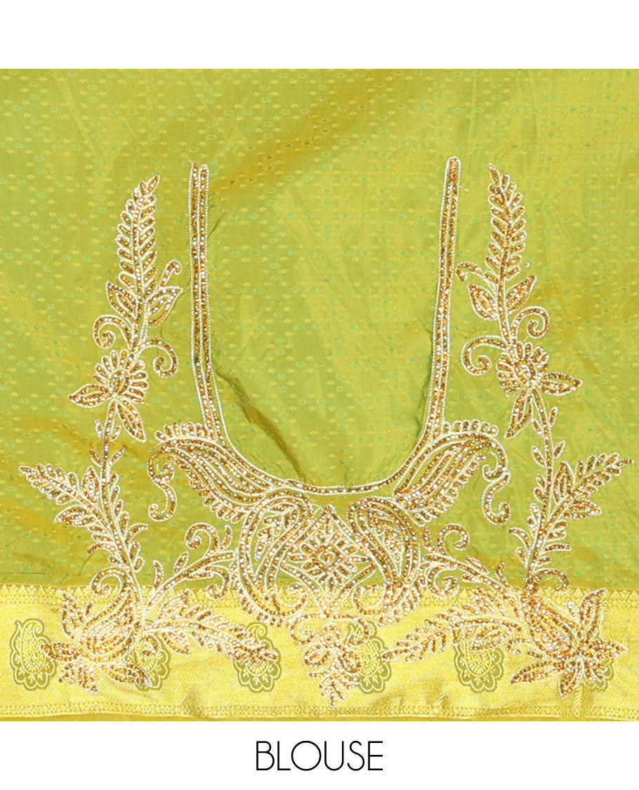 Green jacquard stone embroidered silk saree, contrast scallop cut embroidered zari border & ogee patterned & embroidered pallu