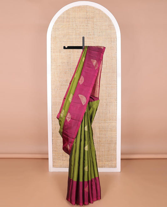 Green buttas vasundhara elite silk saree with contrast floral designb order & jaal design pallu