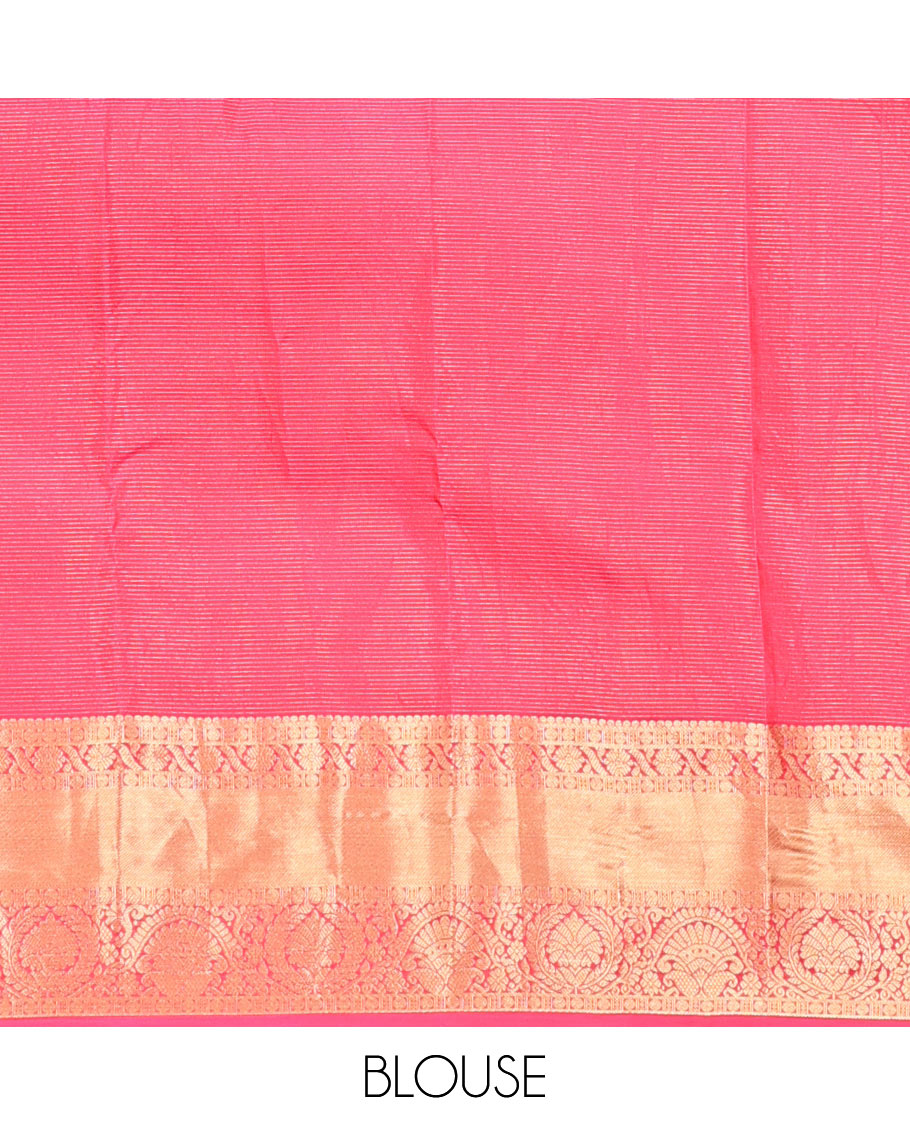 Blue zari buttas & striped Vasundhara silk mix saree, zari border of thilakam, rudraksham, cross kamalam & manga & contrast jaal pallu
